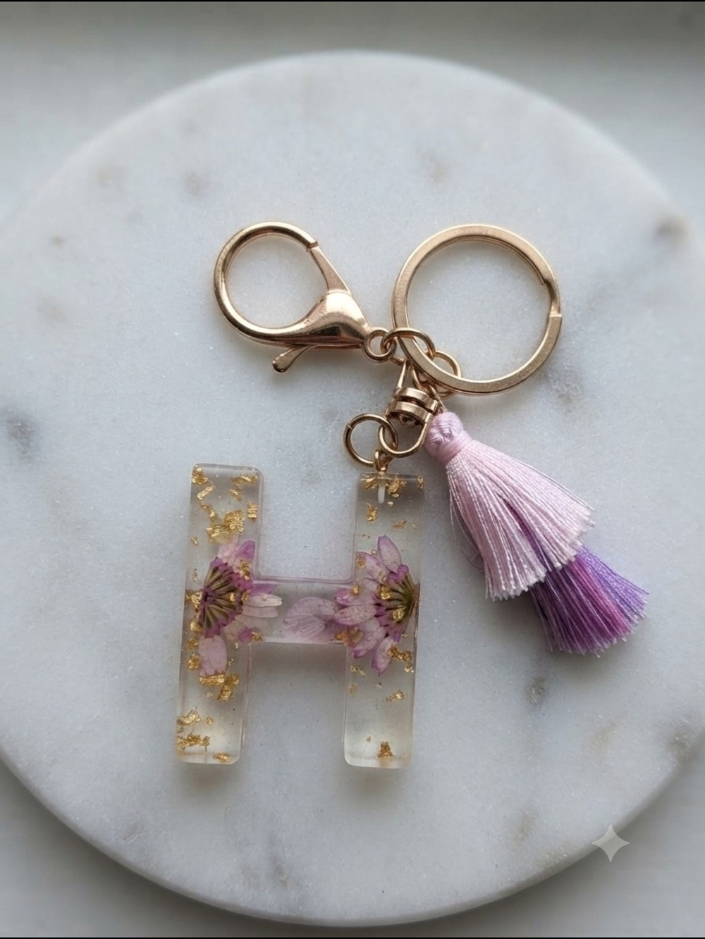 Pressed Flowers Resin 'H' Keychain with Tassel